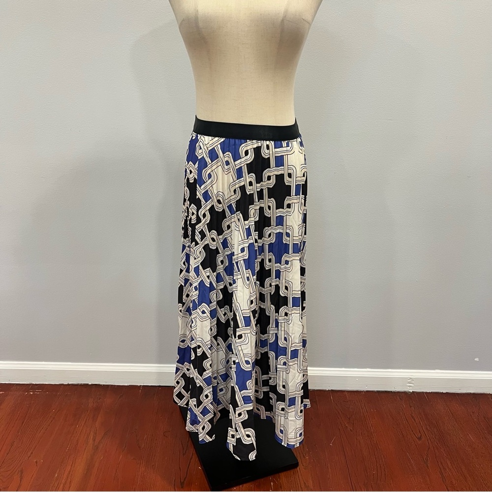 N By Nancy New York Blue, Black & Ivory Patterned Pleated  Midi Skirt - Reemoly
